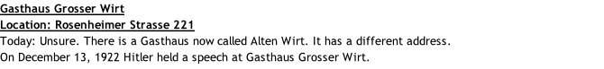 Gasthaus Grosser Wirt Location: Rosenheimer Strasse 221 Today: Unsure. There is a Gasthaus now called Alten Wirt. It has a different address. On December 13, 1922 Hitler held a speech at Gasthaus Grosser Wirt.